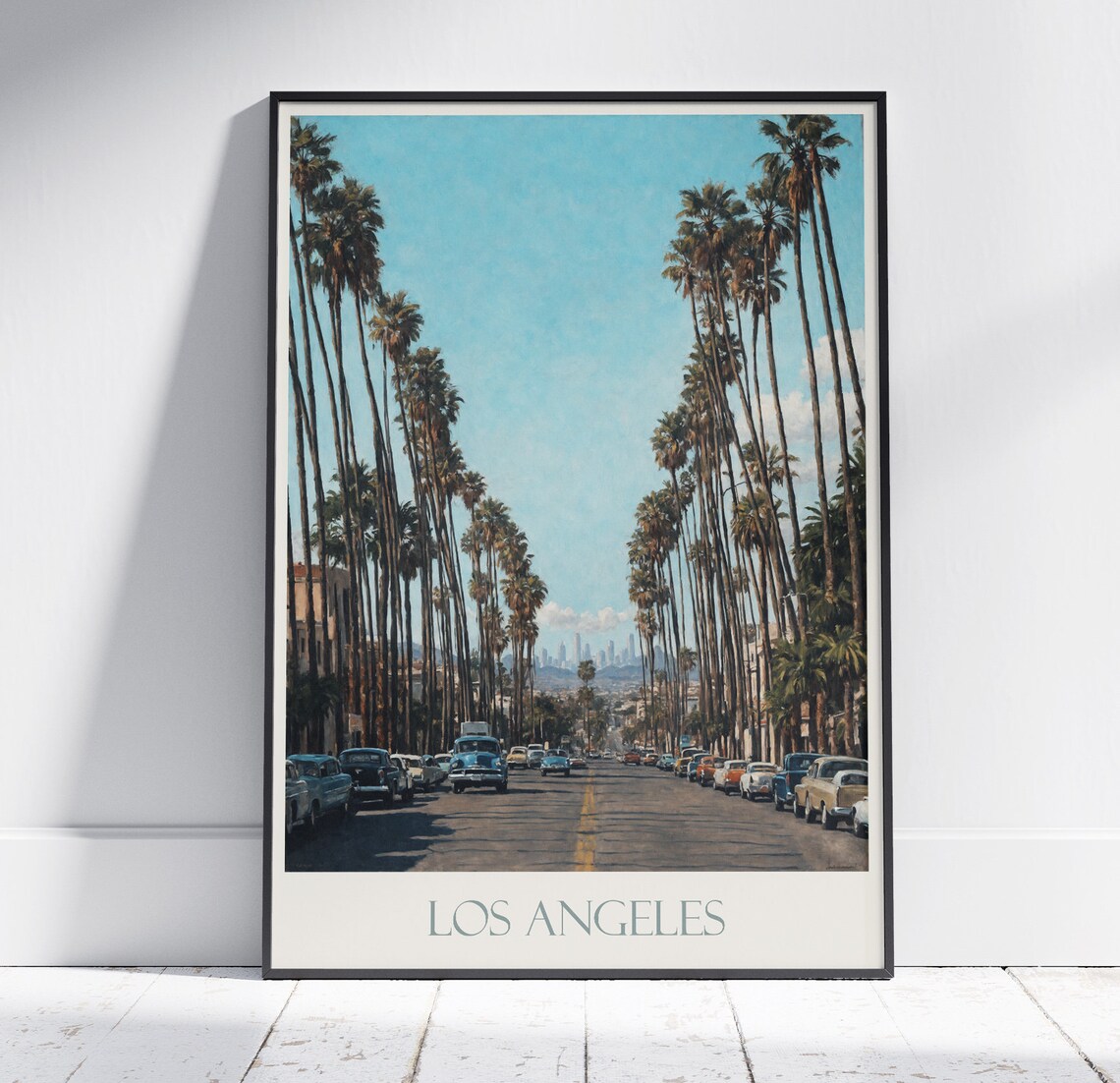 Los Angeles California Palm Lined Street Classic Cars Skyline Poster