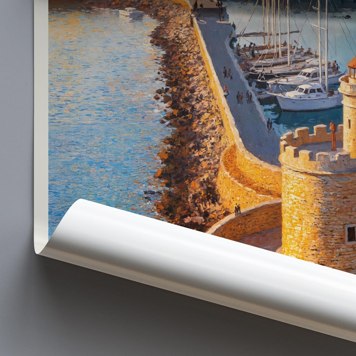 Rhodes Harbor Fortress Lighthouse Sunset Painted Greece Travel Poster - Image 3