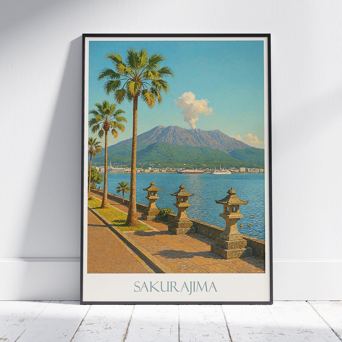 Sakurajima Volcano Palm Promenade Kagoshima Japan Art Poster