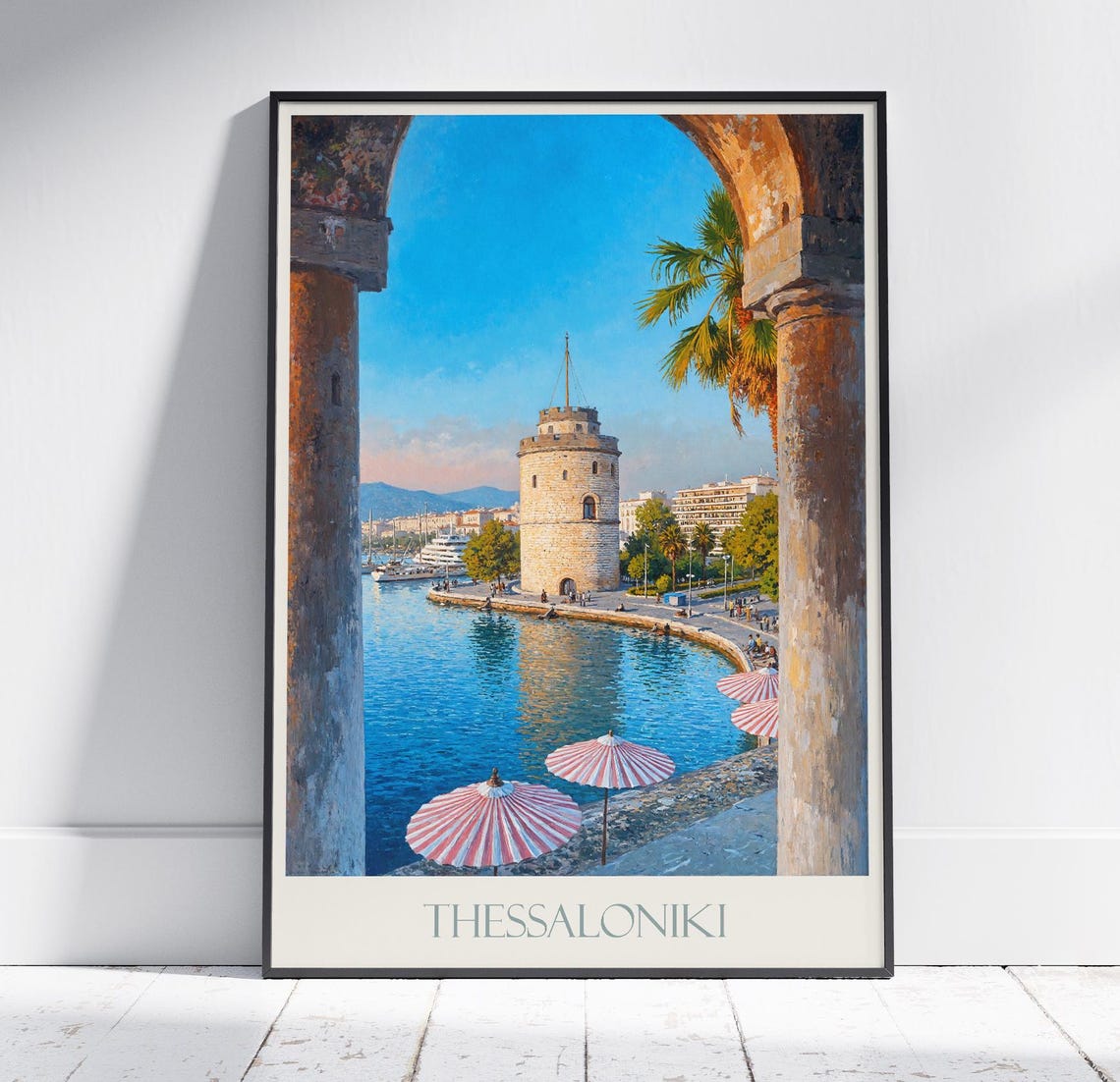 Thessaloniki Greece White Tower Promenade Umbrellas Travel Poster