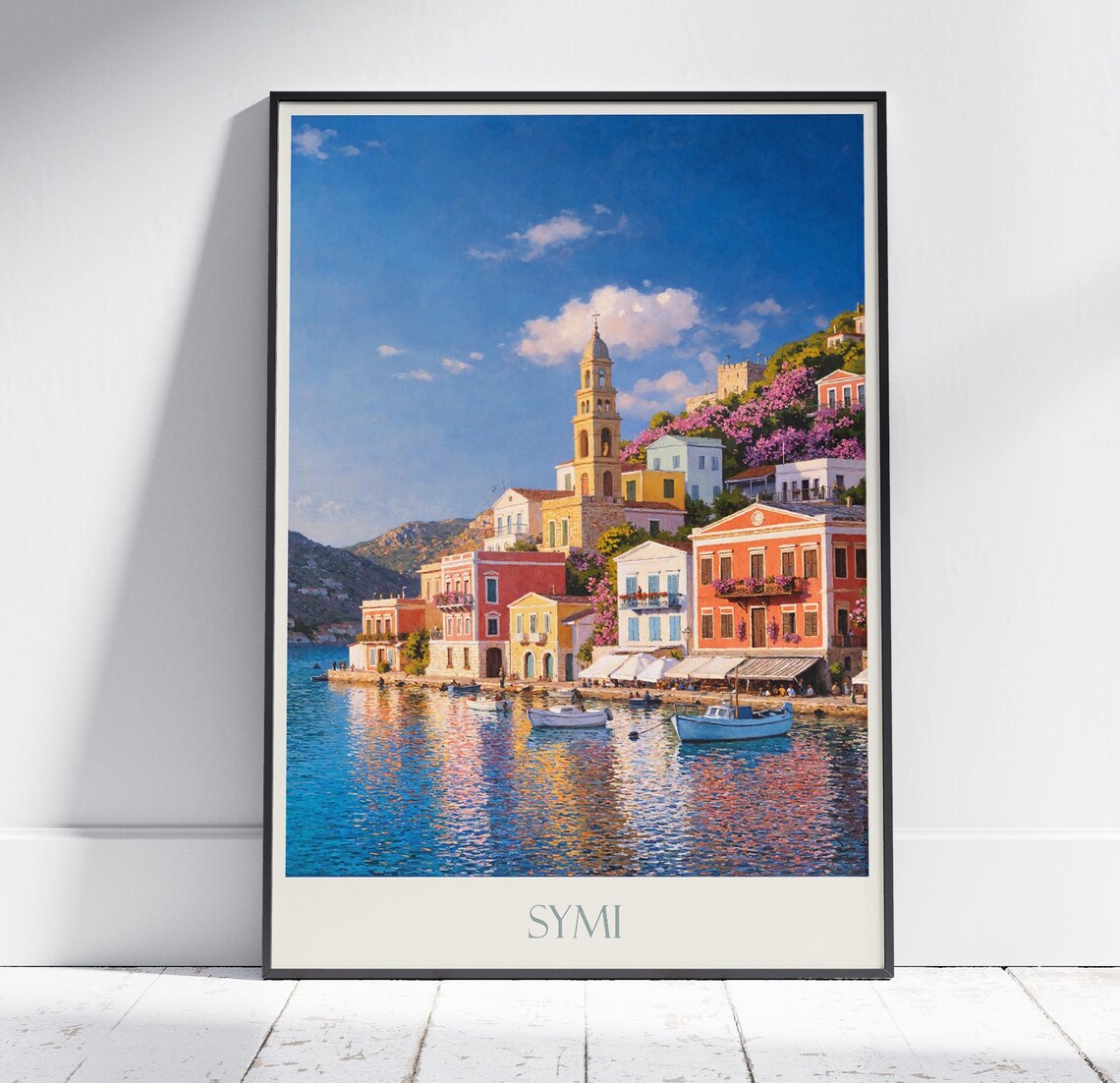 Symi Greece Harbor Pastel Houses Bell Tower Boats Travel Poster
