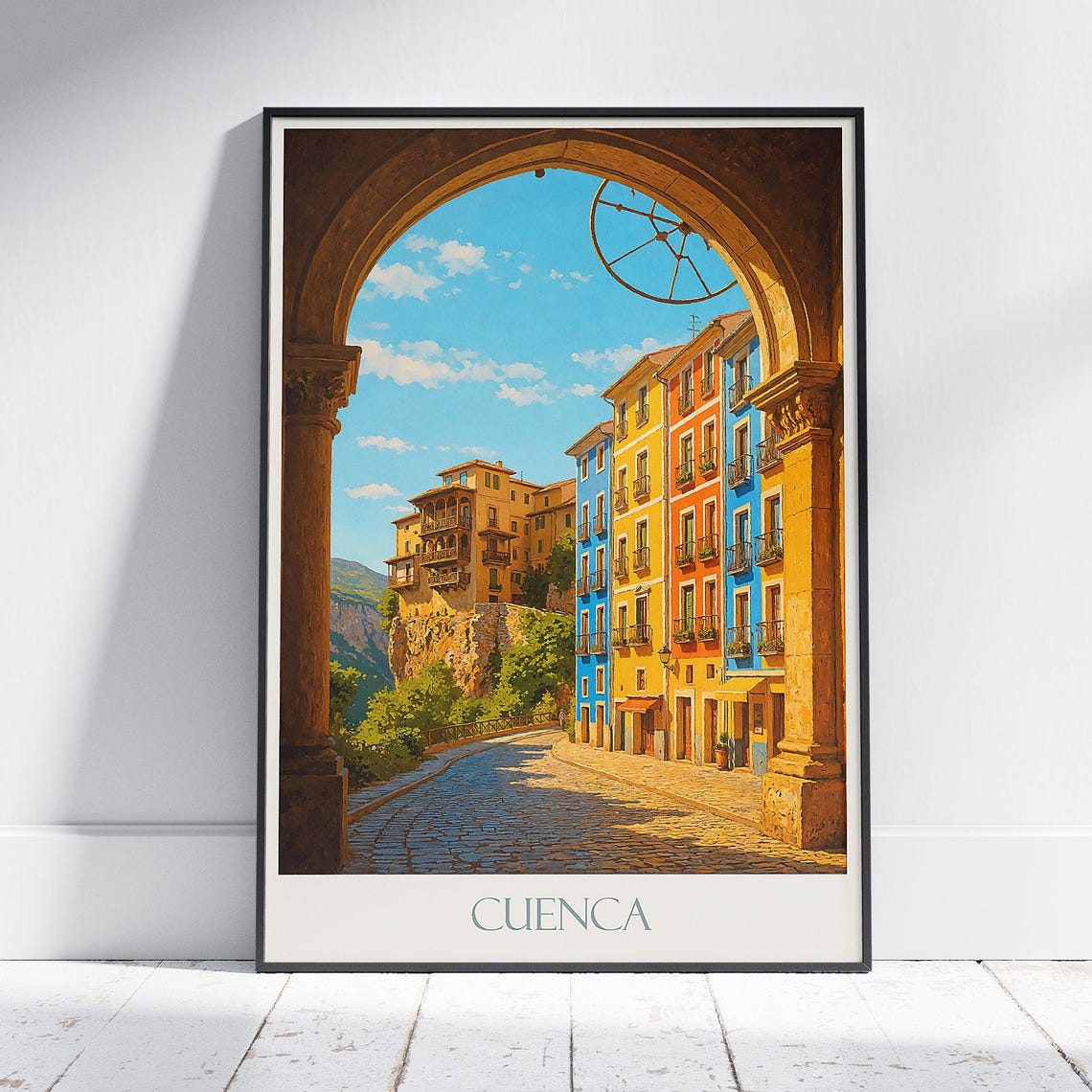 Cuenca Spain Colorful Hanging Houses Stone Arch Travel Art Poster
