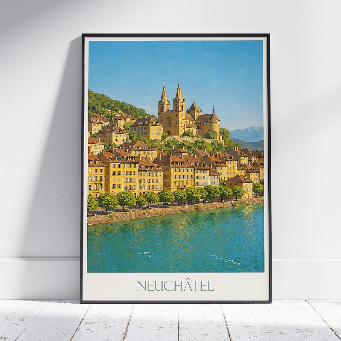 Neuchatel Switzerland Lakefront Church Castle Scenic View Poster