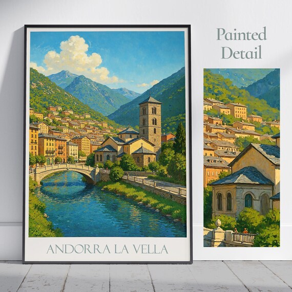 Painted Andorra La Vella Riverside Old Town European Cityscape Poster