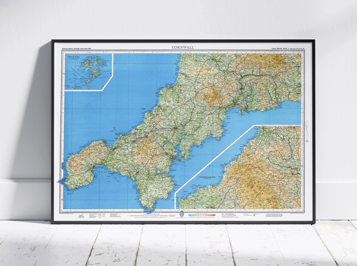 Cornwall England Vintage Bartholomew Map with Isles of Scilly Poster