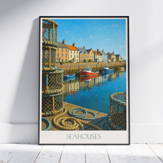 Seahouses Harbour Travel Poster Northumberland Coastal Art Print Fishing Village Wall Decor Uk Vacation Gift