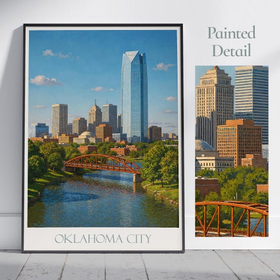 Oklahoma City Travel Poster Painted Wall Art Print Home Decor Devon Energy Center Cityscape Vacation Gift