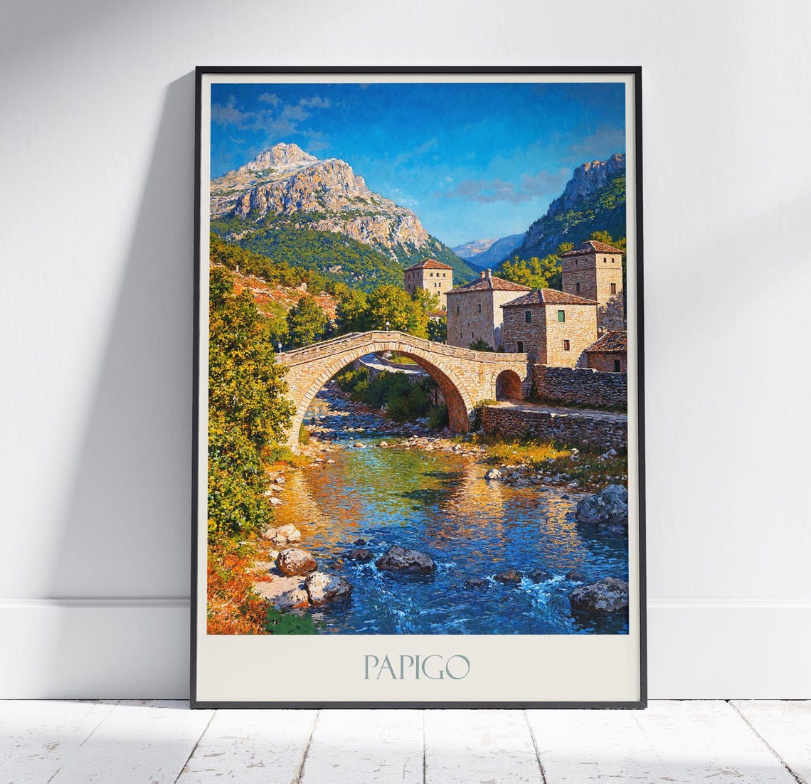 Papigo Greece Stone Bridge Mountain River Village Travel Poster