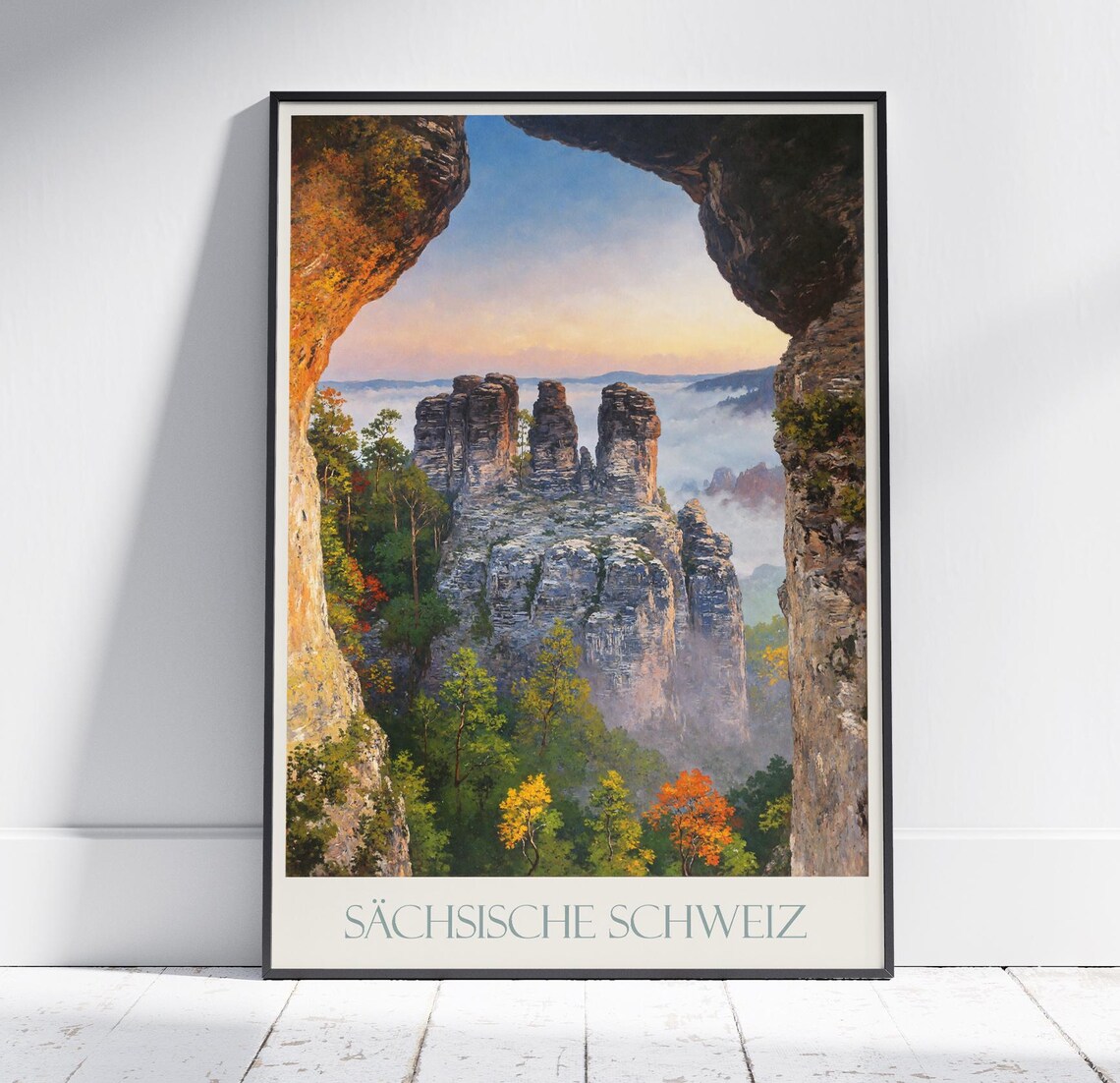 Sächsische Schweiz Rock Pillars Forest Mist Painting Travel Poster