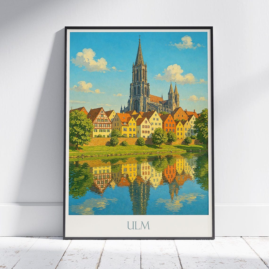 Ulm Germany Minster Cathedral Above Riverside Houses Reflection Poster