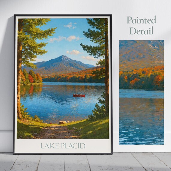 Lake Placid Autumn Travel Poster Adirondacks Fall Foliage Lake Canoe Art