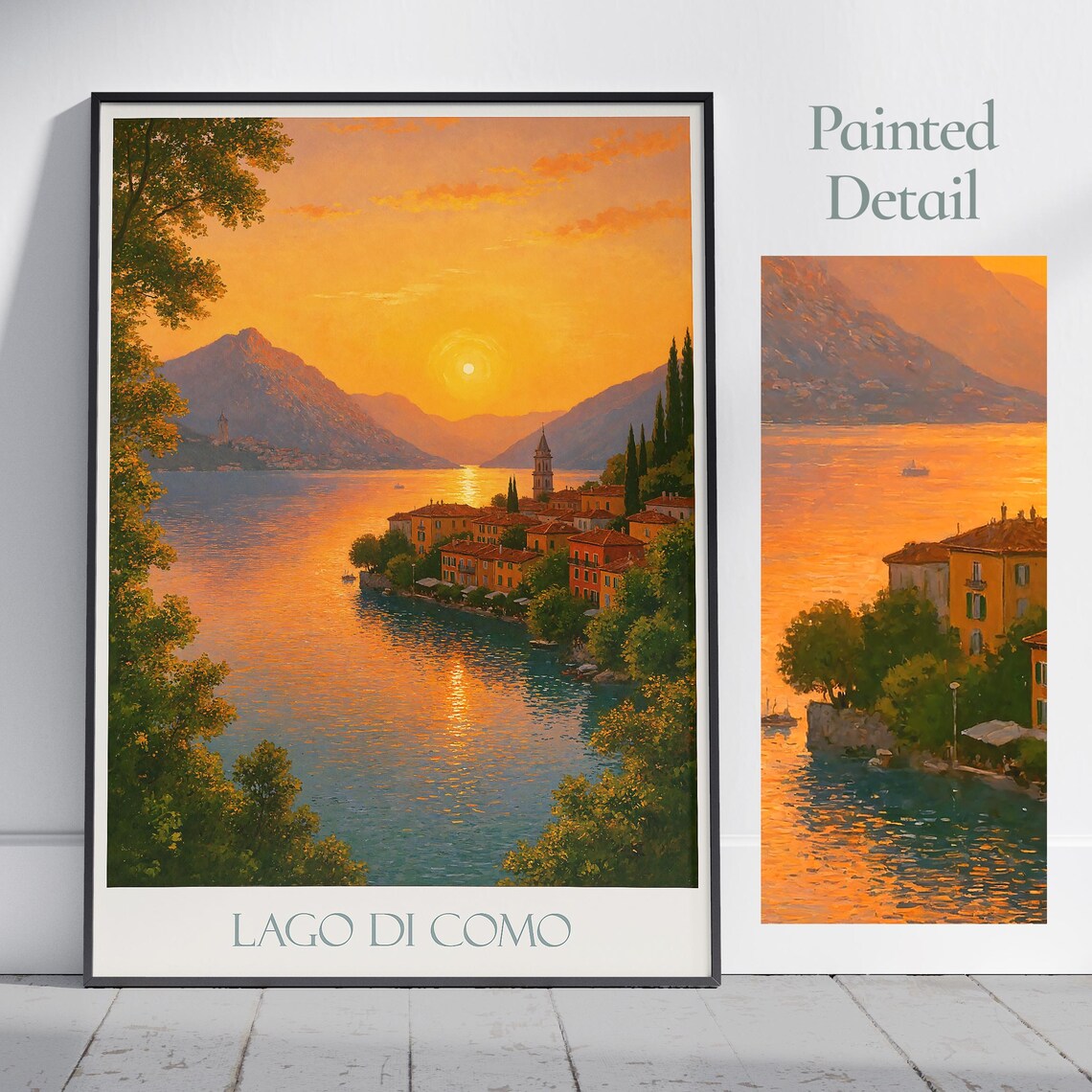 Lake Como Golden Sunset Village Lake Italy Painted Travel Poster