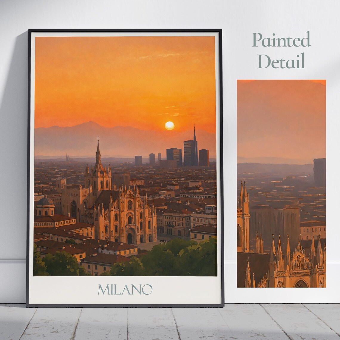 Milano Italy Duomo Sunset Golden Skyline Painted Travel Poster