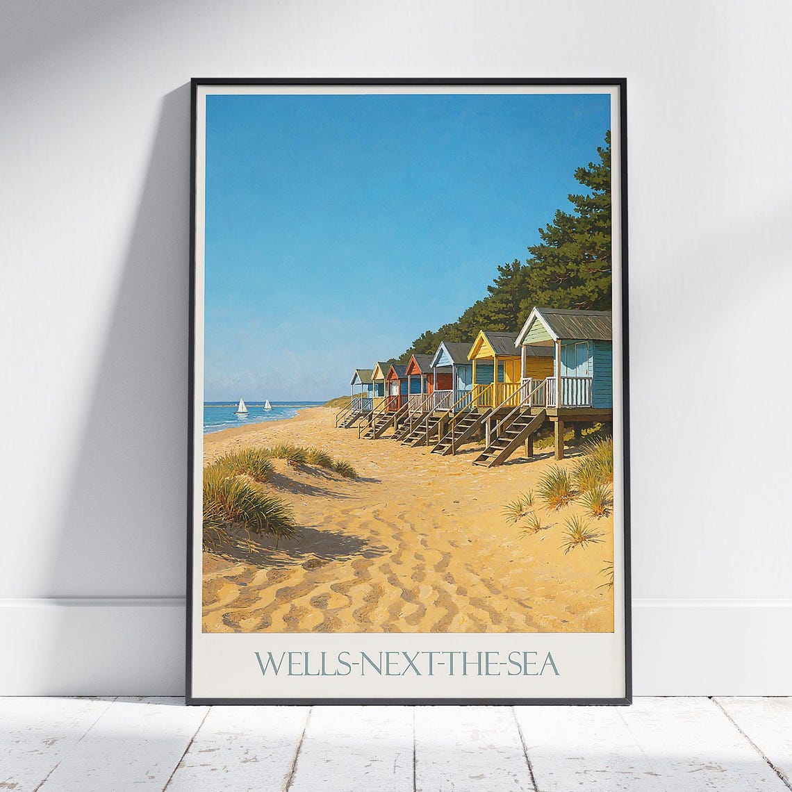 Wells Next The Sea Colorful Beach Huts Sandy Shore Travel Poster