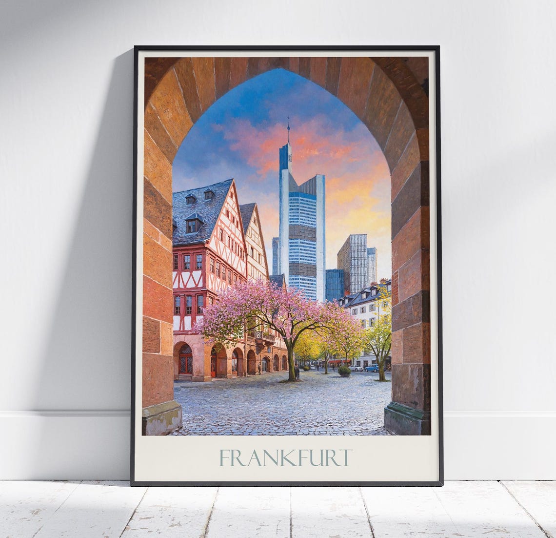 Frankfurt Germany Travel Poster Old Town Skyline Sunset Painted Detail