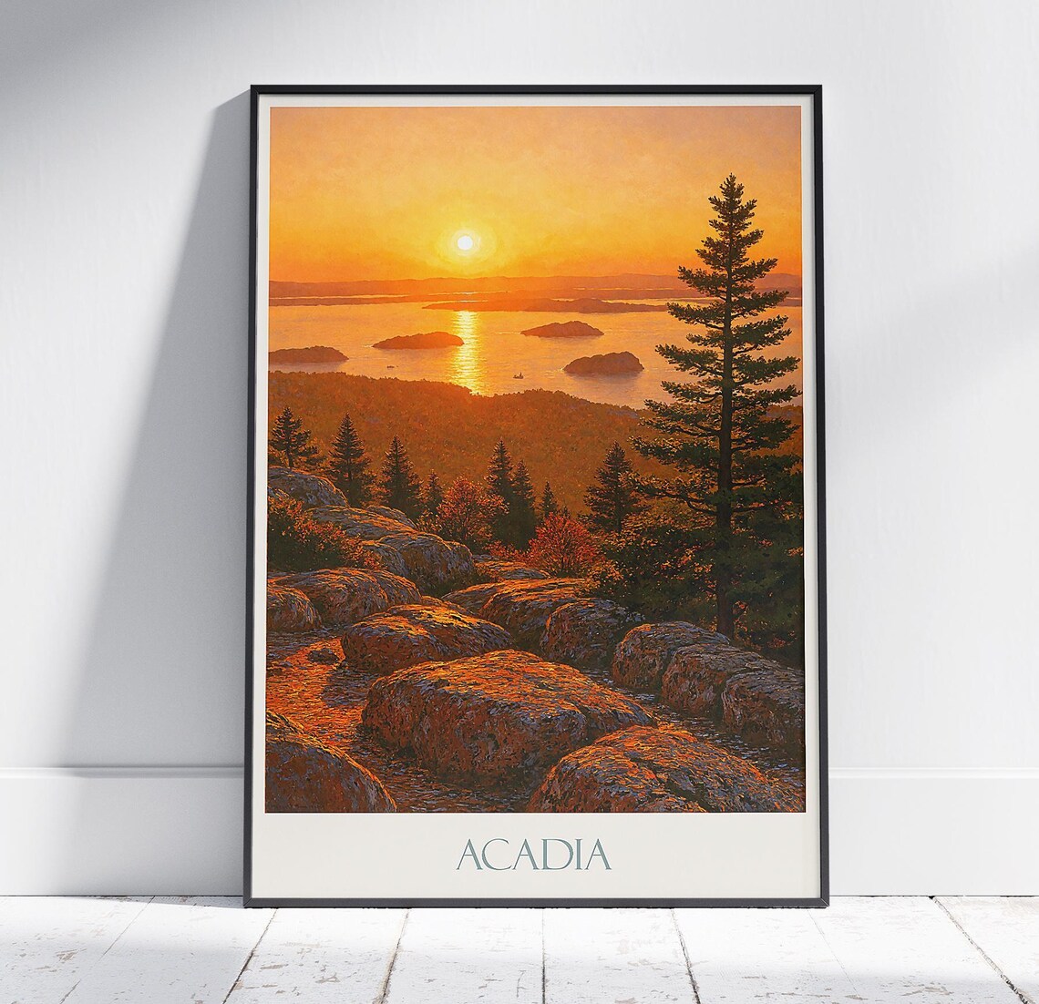 Acadia Maine Golden Sunrise Over Islands Painted Travel Poster
