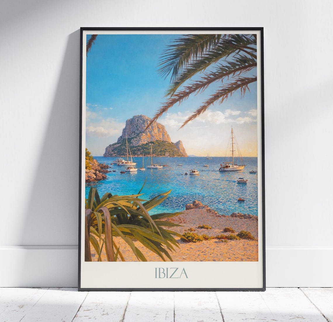 Ibiza Rocky Coast Sailboats Beach Palms Vintage Travel Poster Art