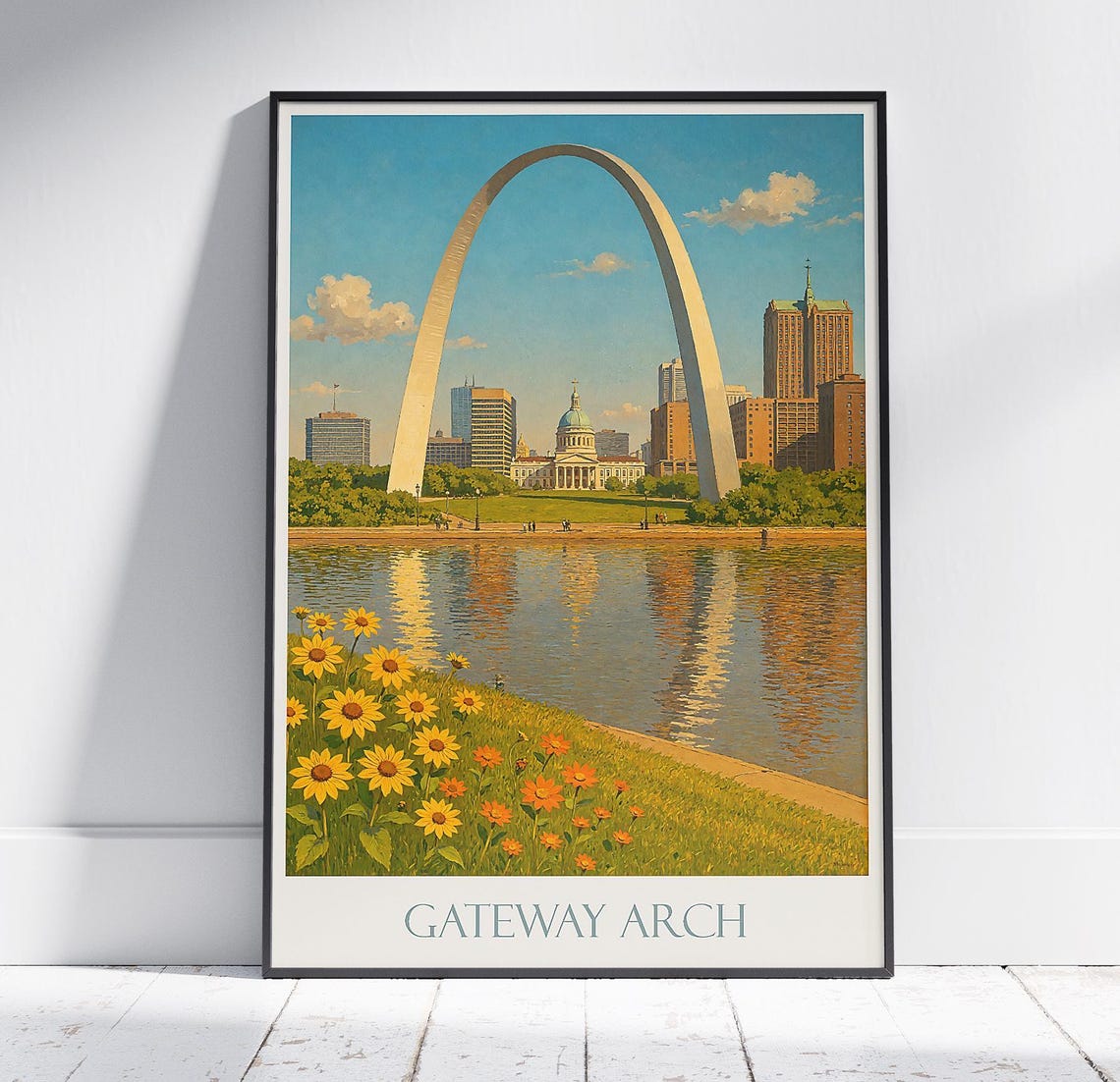 St Louis Gateway Arch Skyline Riverfront Painted Vintage Travel Poster