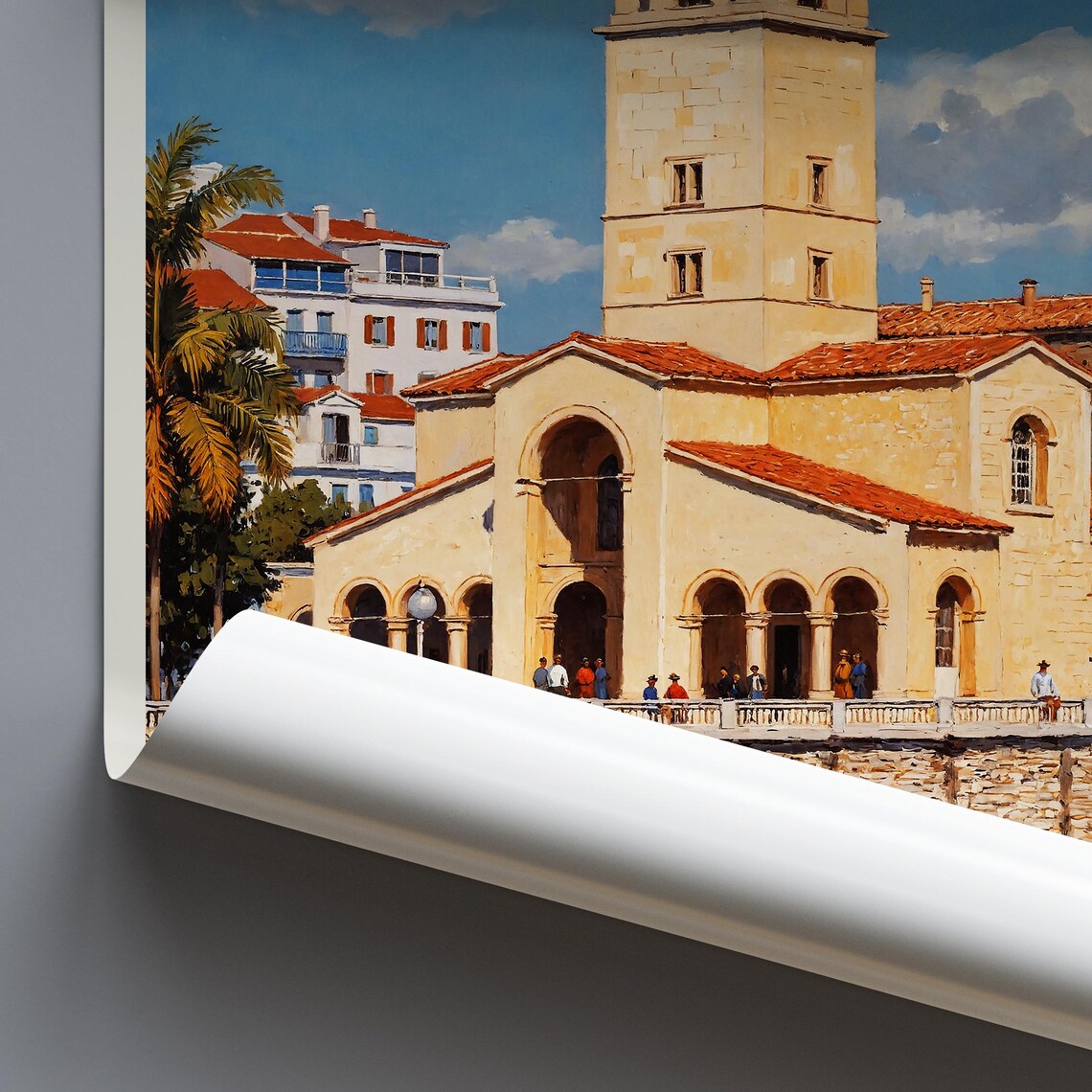 Gijon Spain Historic Stone Church by the Beach Travel Poster - Image 3