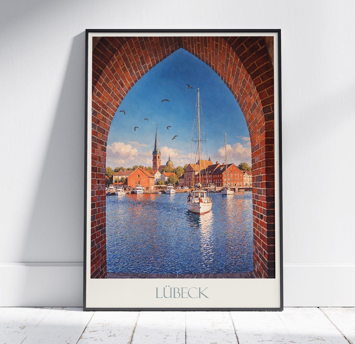 Lübeck Germany Harbor Brick Archway Sailing Ships Travel Poster