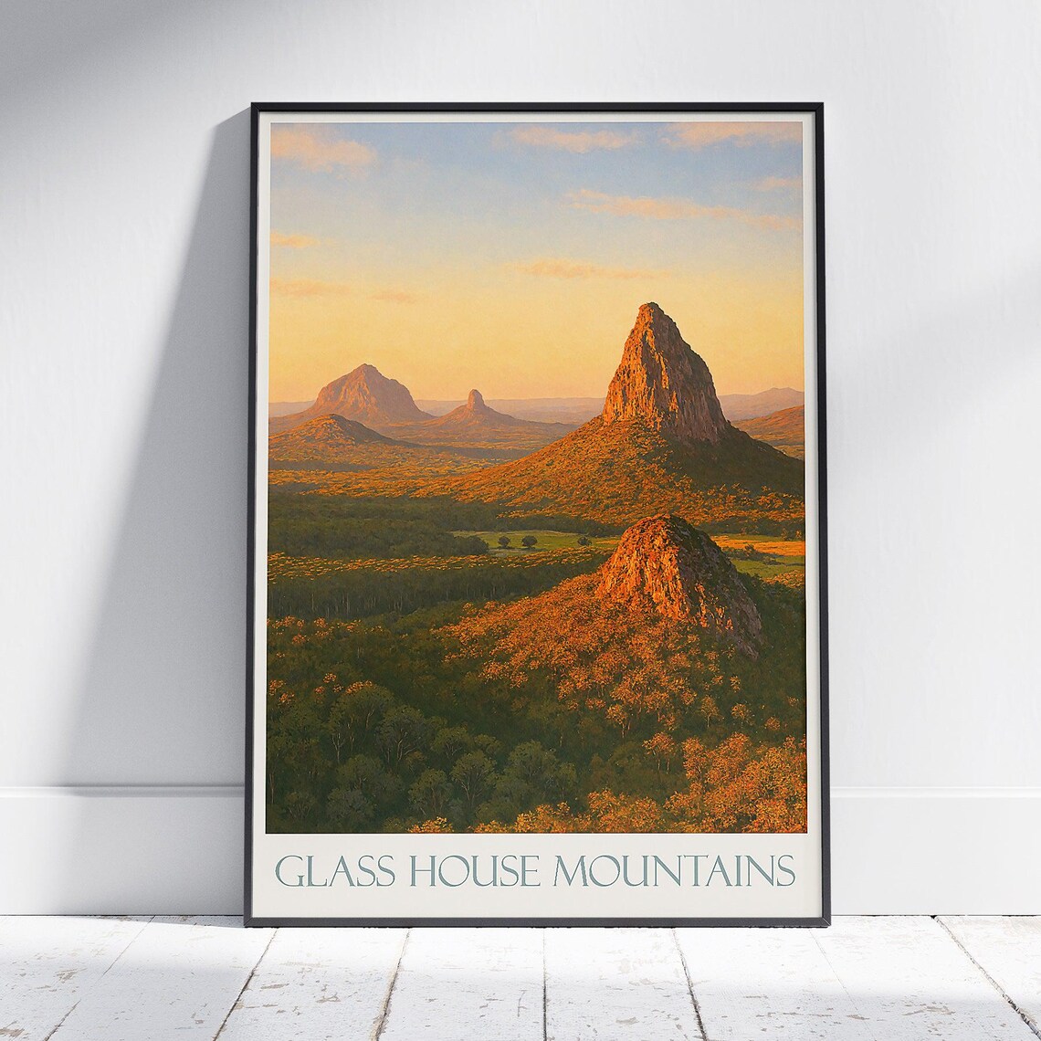 Glass House Mountains Queensland Sunset Golden Peaks Travel Poster