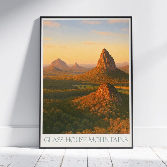 Glass House Mountains Travel Poster Queensland Australia Golden Sunset Landscape Wall Art Print