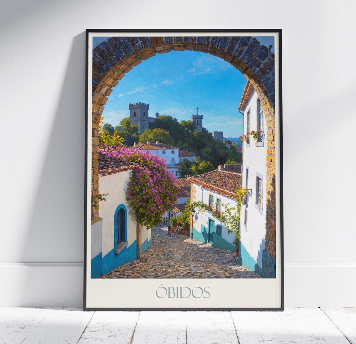Obidos Portugal Medieval Castle Cobbled Street Arch View Travel Poster