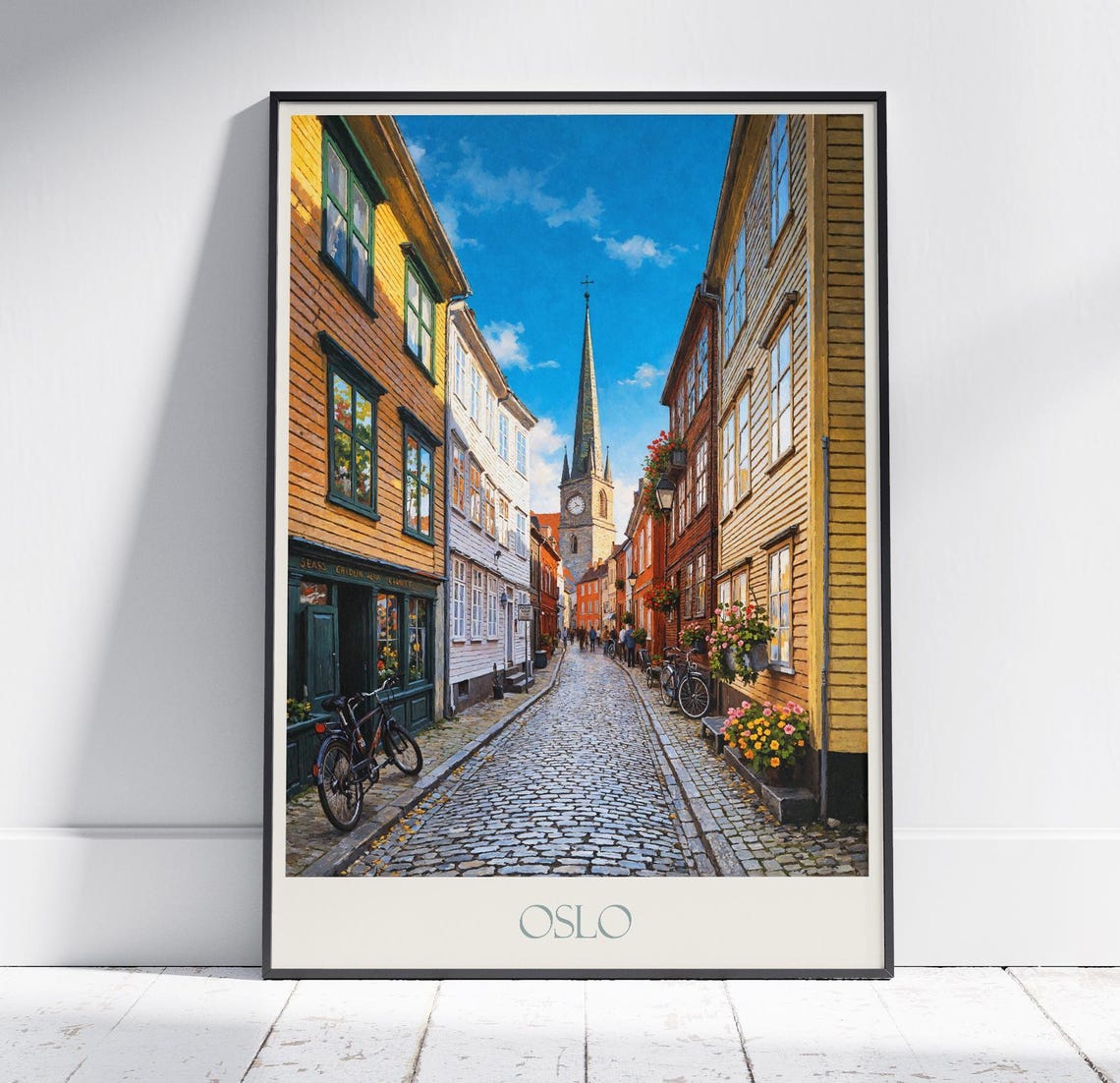 Oslo Norway Old Town Cobblestone Street Painted Travel Poster