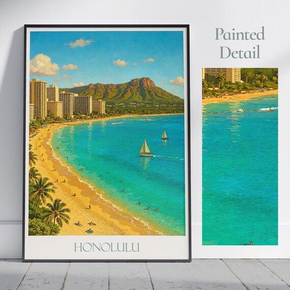 Honolulu Waikiki Sailboats Beach Aerial Painted Travel Poster