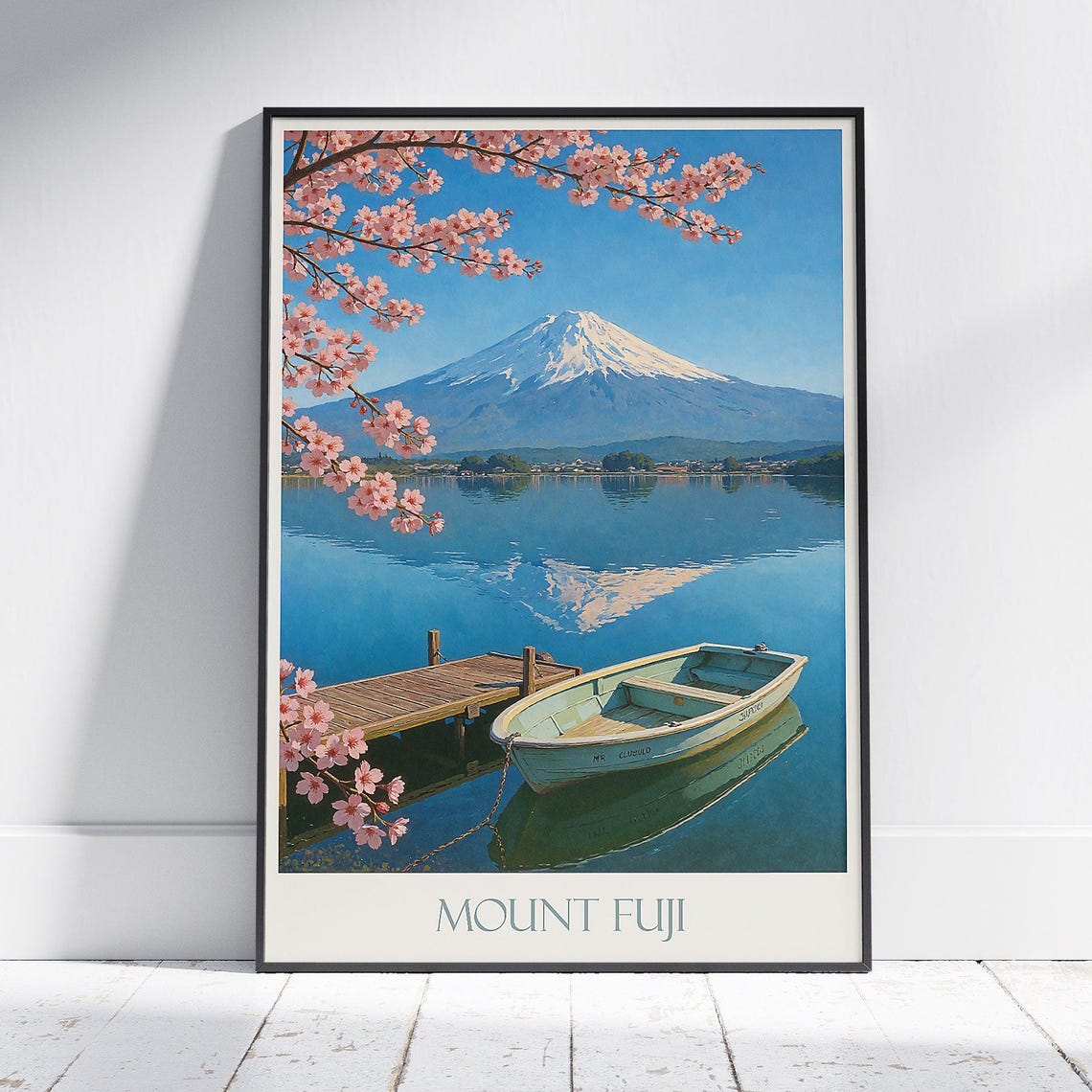 Mount Fuji Cherry Blossom Lake Kawaguchi Boat Spring Scene Poster