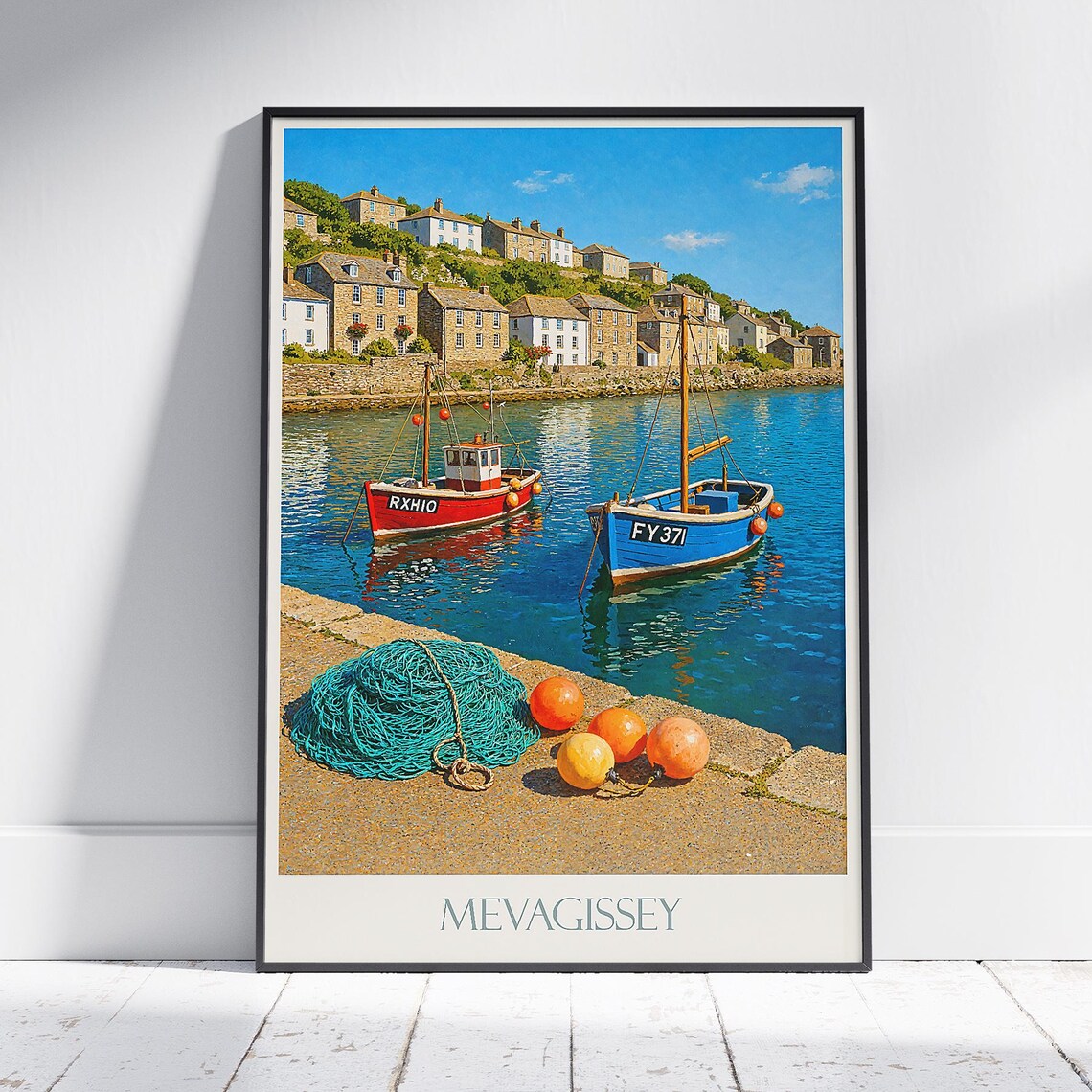 Mevagissey Harbour Travel Poster Cornwall Fishing Village Art Print Vibrant Uk Coastal Decor Boats Sea Wall