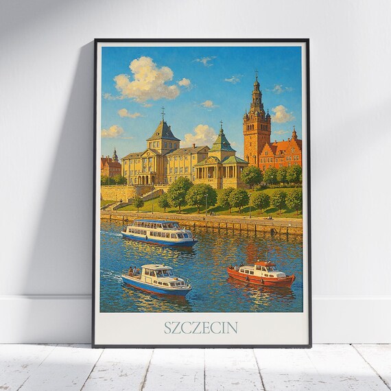 Szczecin Poland Riverside Poster Harbor Boats Castle Waterfront Art