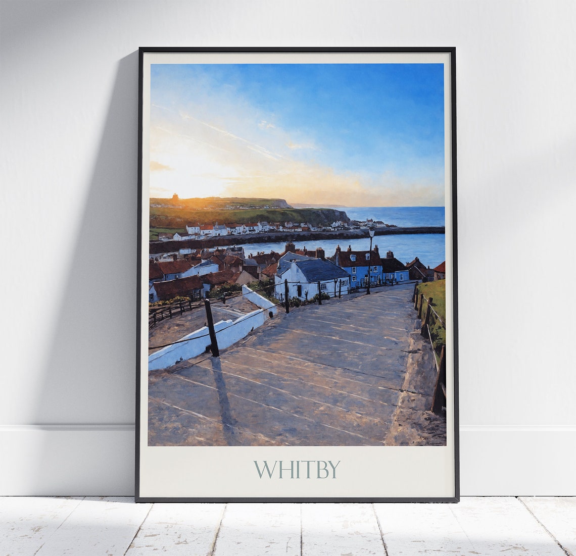 Whitby Harbour Golden Sunset Painted Yorkshire Coast Town Scene Poster