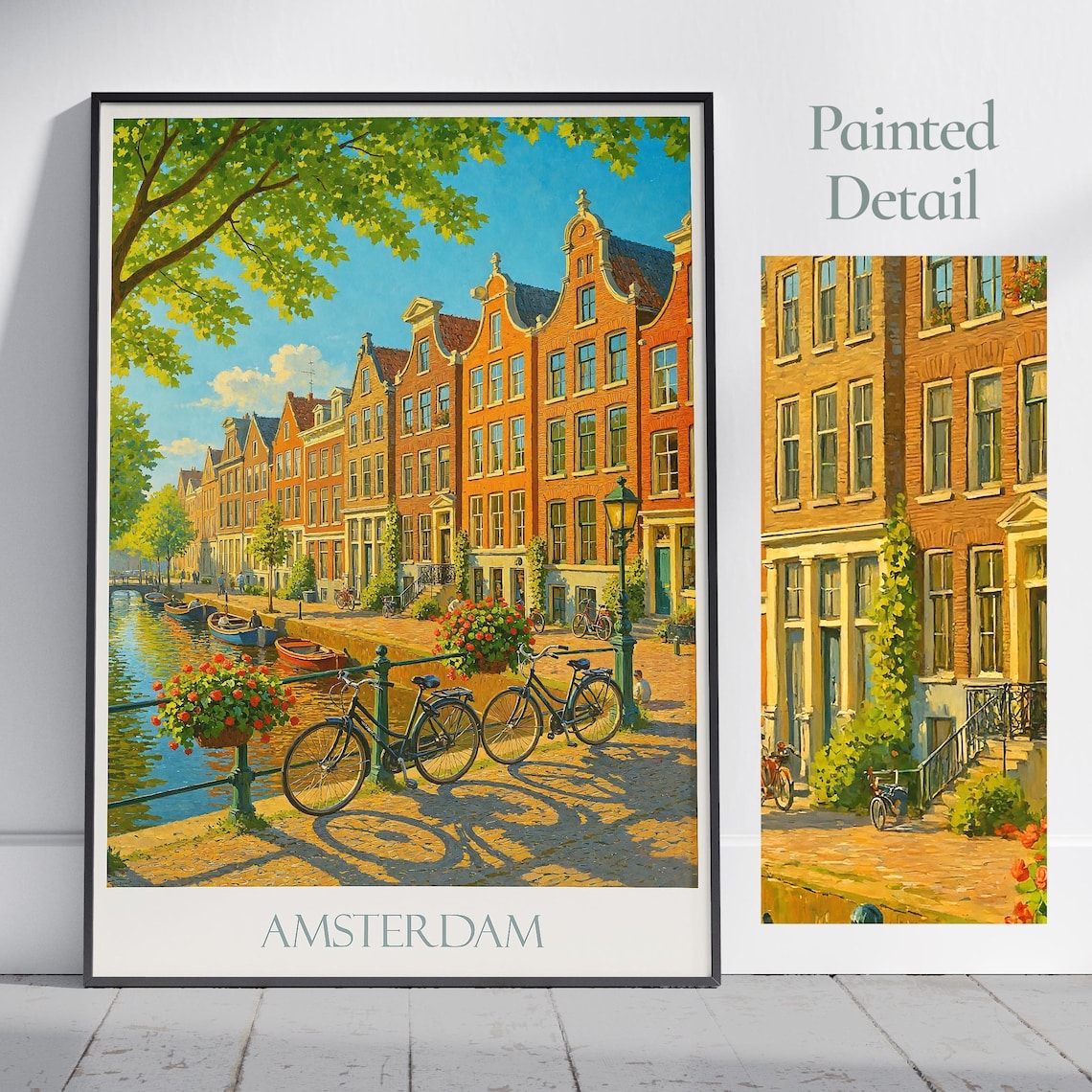 Amsterdam Canal Bicycles Sunlit Dutch Street Art Travel Poster
