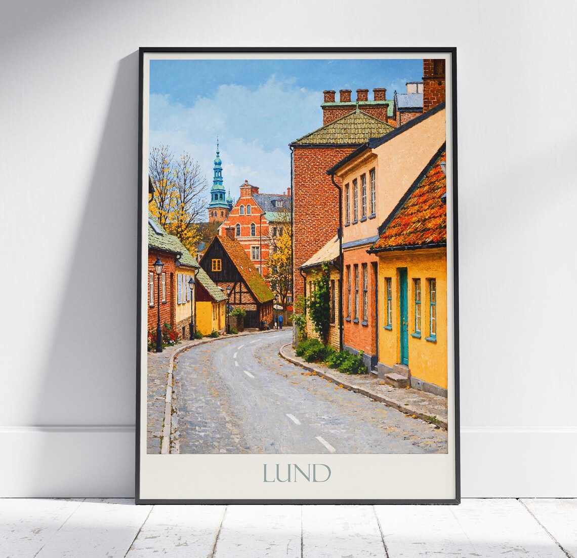 Lund Sweden Cobblestone Street Old Town Painted Travel Poster