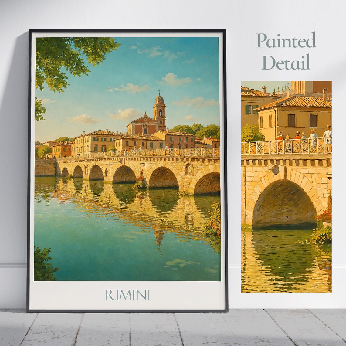 Rimini Italy Ponte di Tiberio Bridge River Sunset Travel Poster