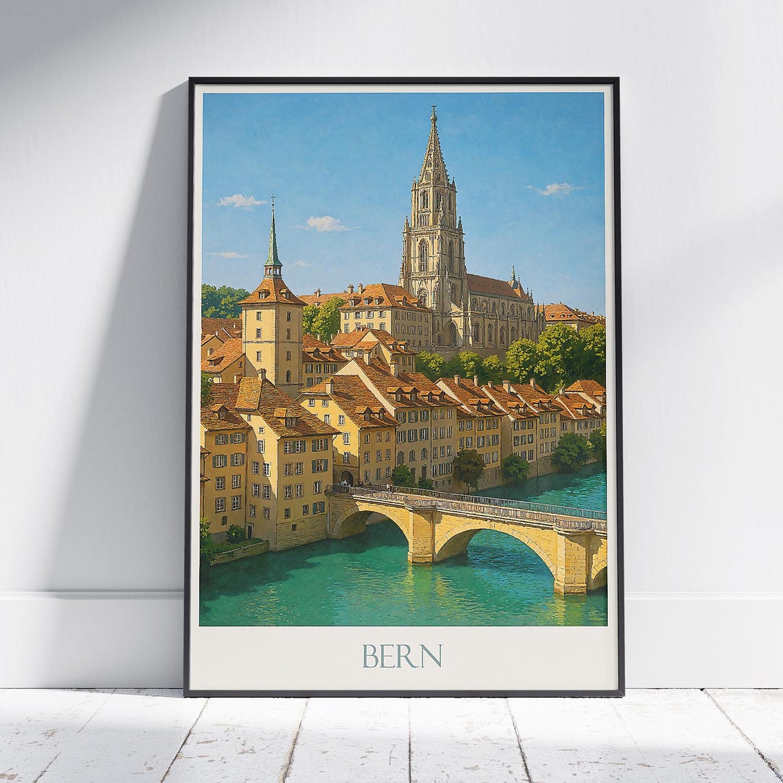 Bern Switzerland Cathedral Old Town Bridge Riverside Painted Poster