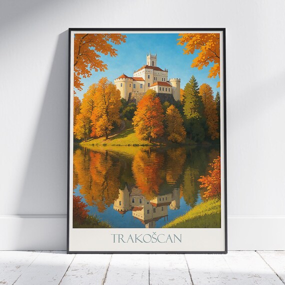 Trakoscan Castle Autumn Lake Reflection Vintage Croatia Travel Poster