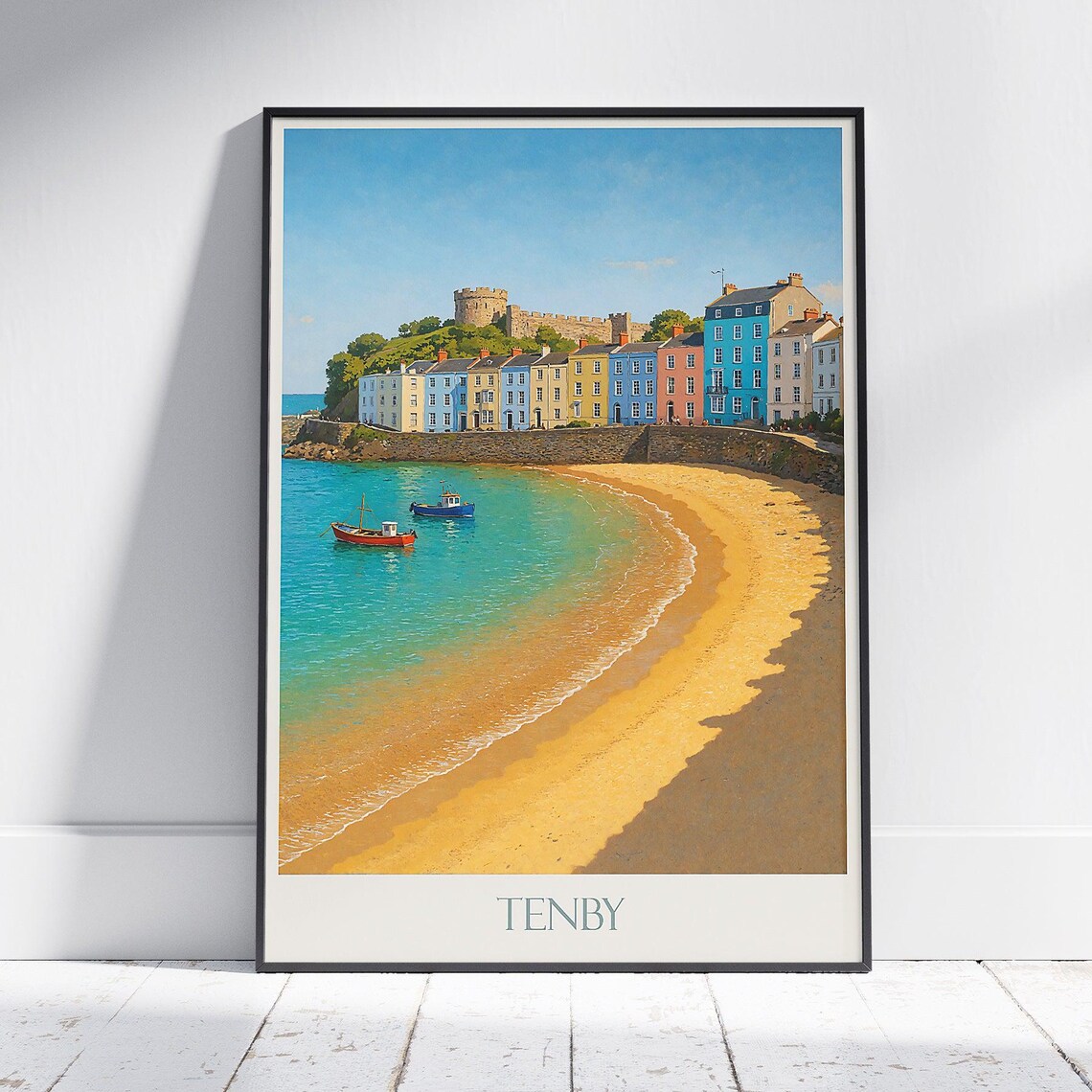 Tenby Wales Colourful Harbour Beach Boats Sunny Travel Poster