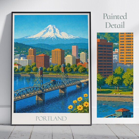 Portland Oregon Hawthorne Bridge and Mount Hood Cityscape Poster