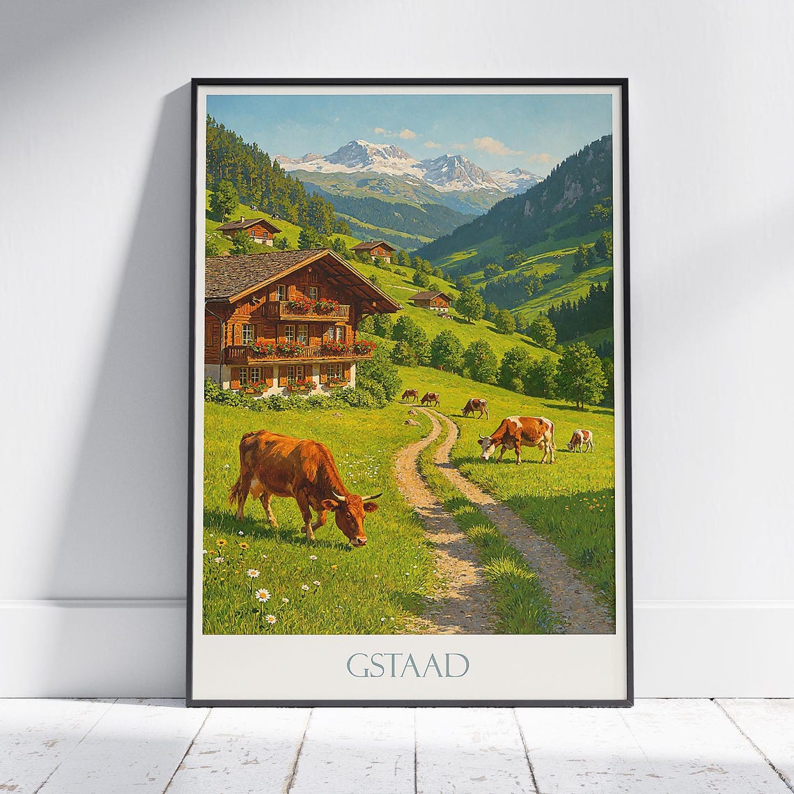 Gstaad Switzerland Alpine Chalets Grazing Cows Meadow Poster