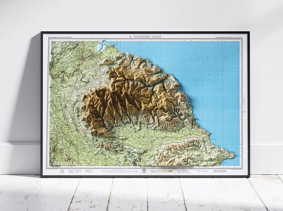 North York Moors Scarborough Coast Uk Flat 2d Shaded Map Vintage Atlas Style Print Poster Wall Art Decor