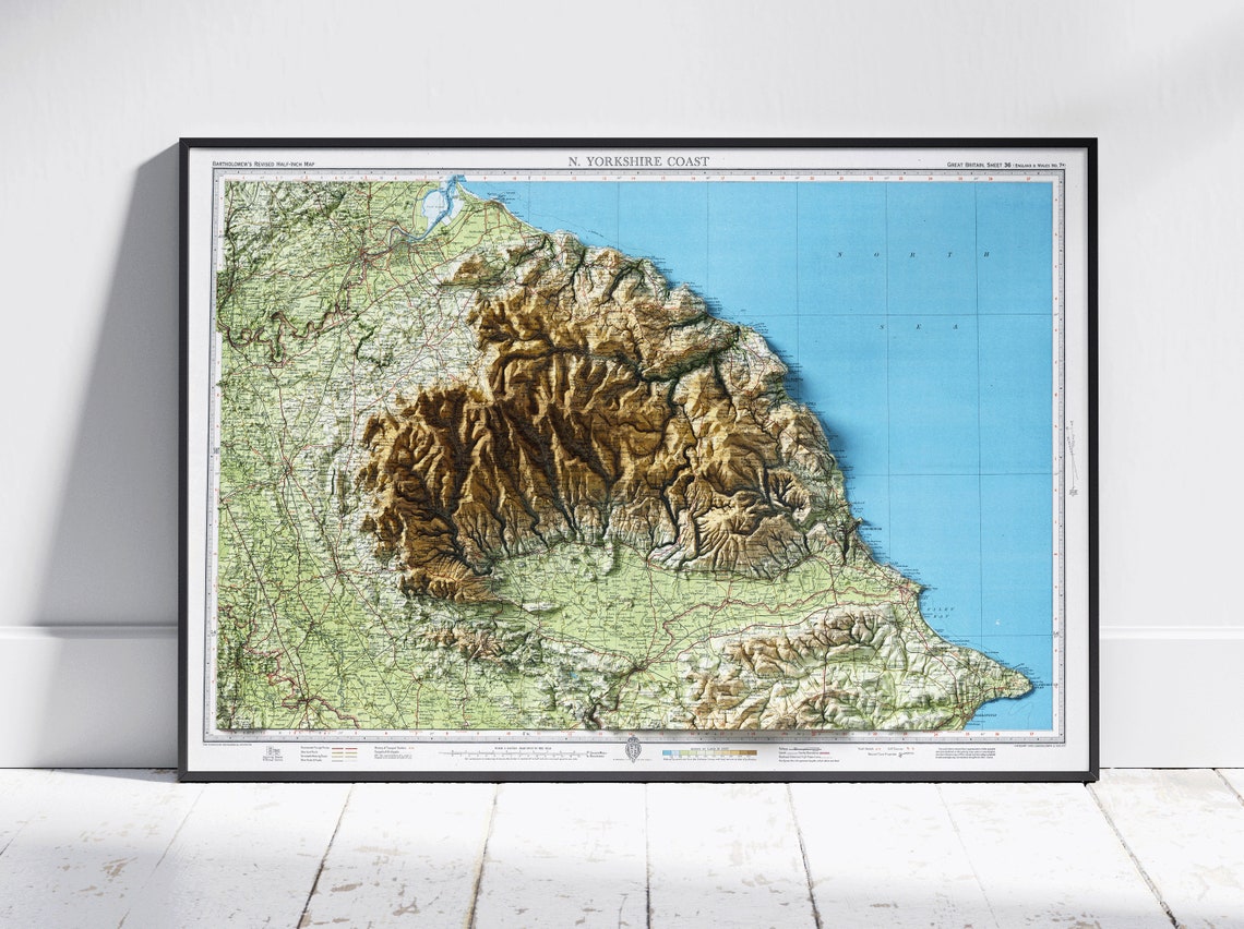 North Yorkshire Coast 3D Vintage Shaded Relief Map Art Poster