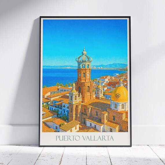 Puerto Vallarta Travel Poster Mexico Vacation Art Print Church Of Guadalupe Jalisco Home Decor Gift