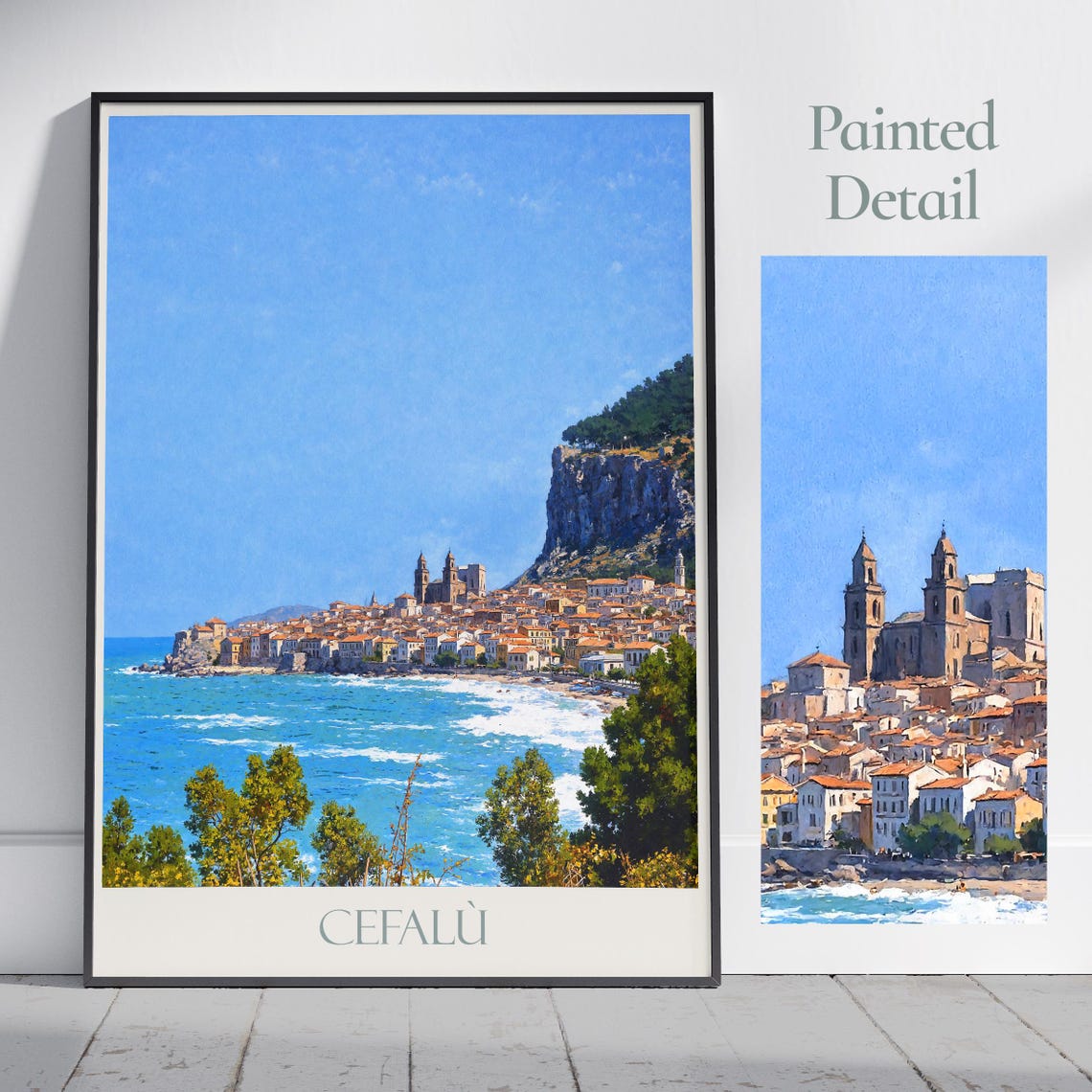 Cefalu Sicily Italy Historic Beach Cliffs Painted Travel Poster