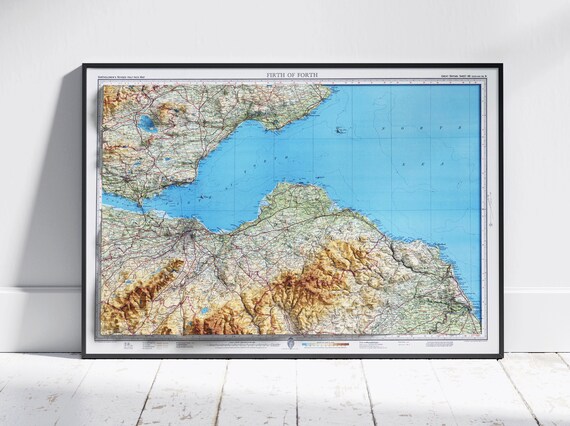 Firth of Forth Scotland Vintage 3D Shaded Relief Map Wall Poster