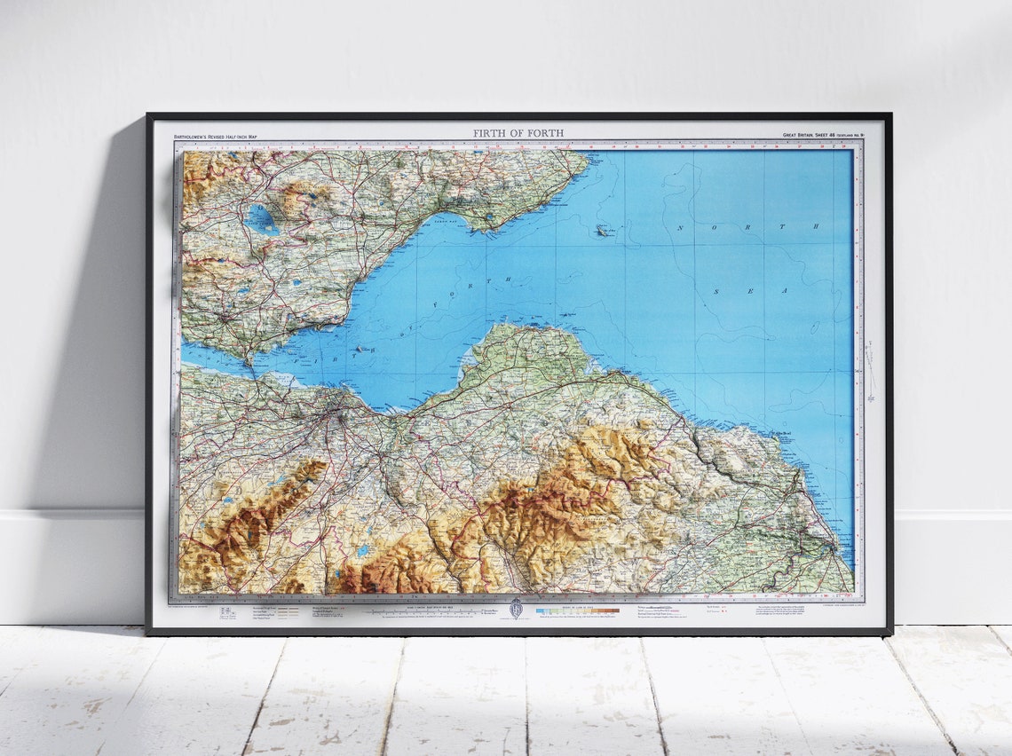 Firth of Forth Scotland Vintage 3D Shaded Relief Map Wall Poster