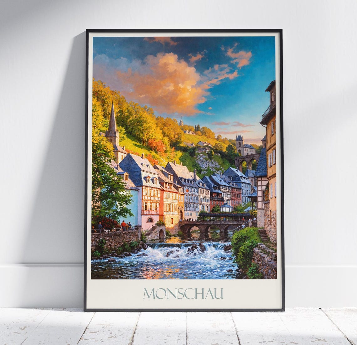 Monschau Germany Half Timbered River Town Sunset Bridge Travel Poster