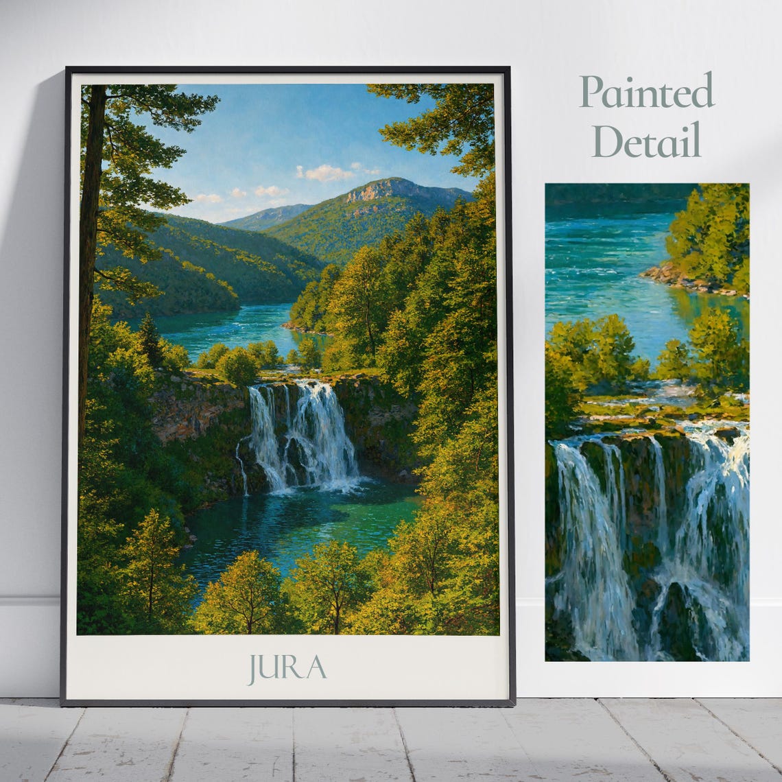 Jura France Waterfall Forest Painted Landscape Art Lush Poster