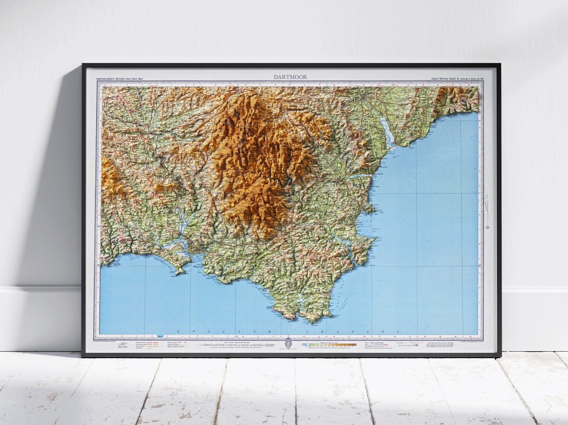 Dartmoor England Vintage Atlas Shaded Relief Terrain Map Poster